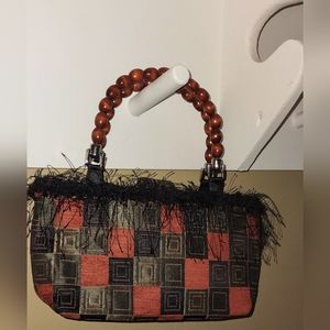 Copper & Black Fringe Handbag w/ Wooden Handles